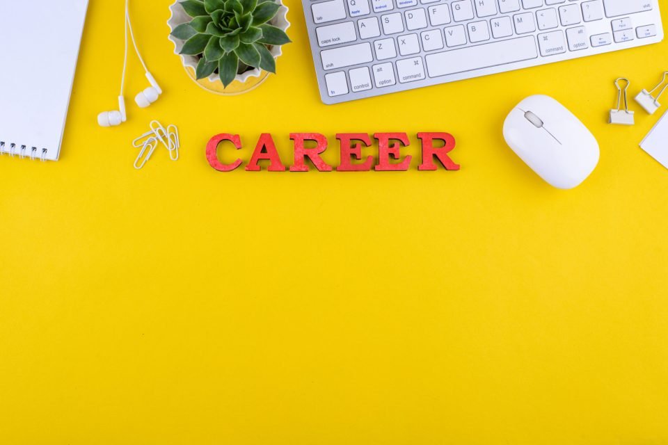 Career growth concept with office desk Career growth concept with office desk flat lay